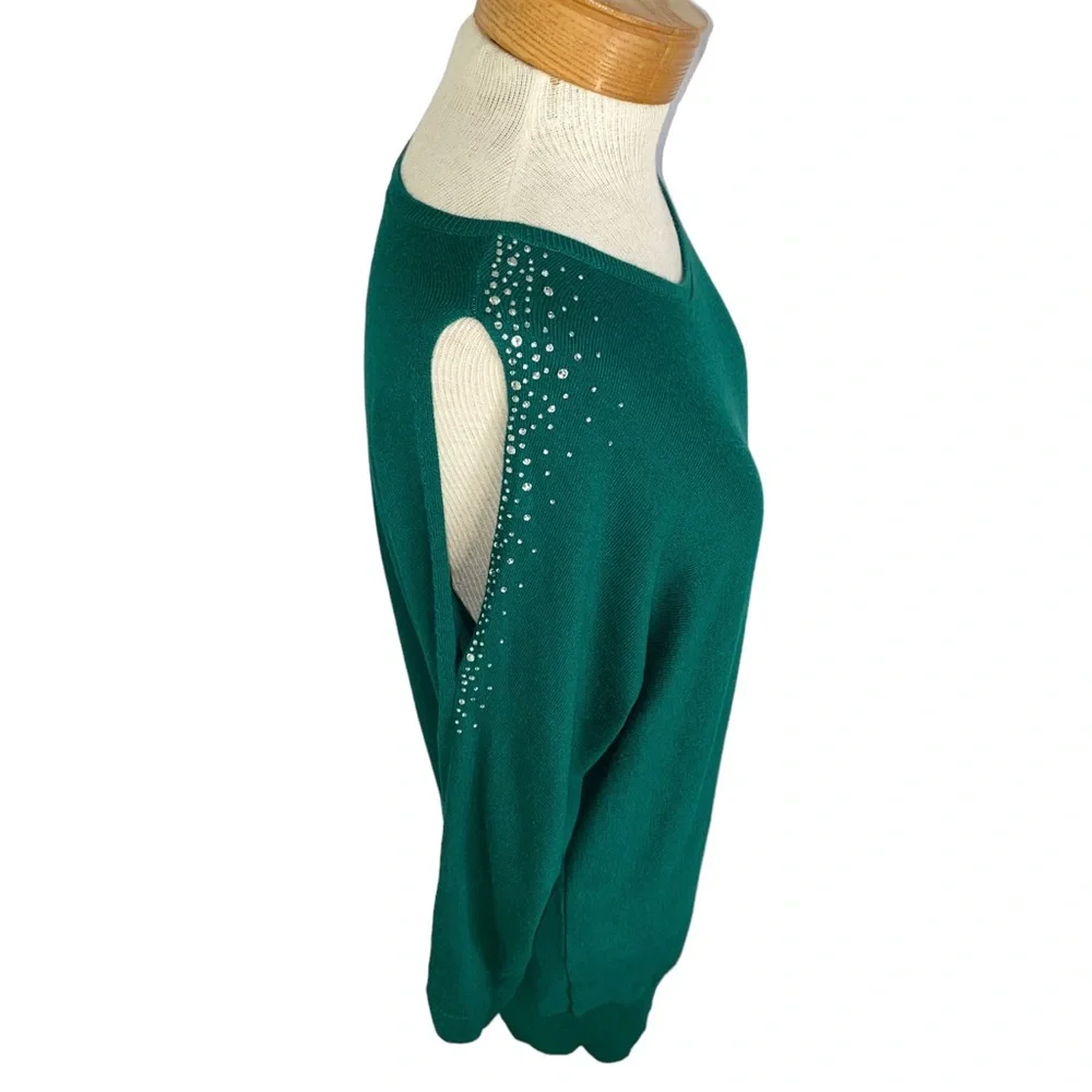 LOFT Green, Cold Shoulder Sweater With Rhinestones Large